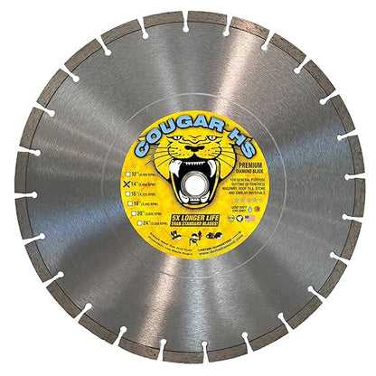 Delta Diamond Cougar HS 14 inch Diamond Blade, Premium, Segmented, General Purpose Dry or Wet Cutting of Concrete, Block, Paver, Brick (14" X 1"-20mm Arbor)