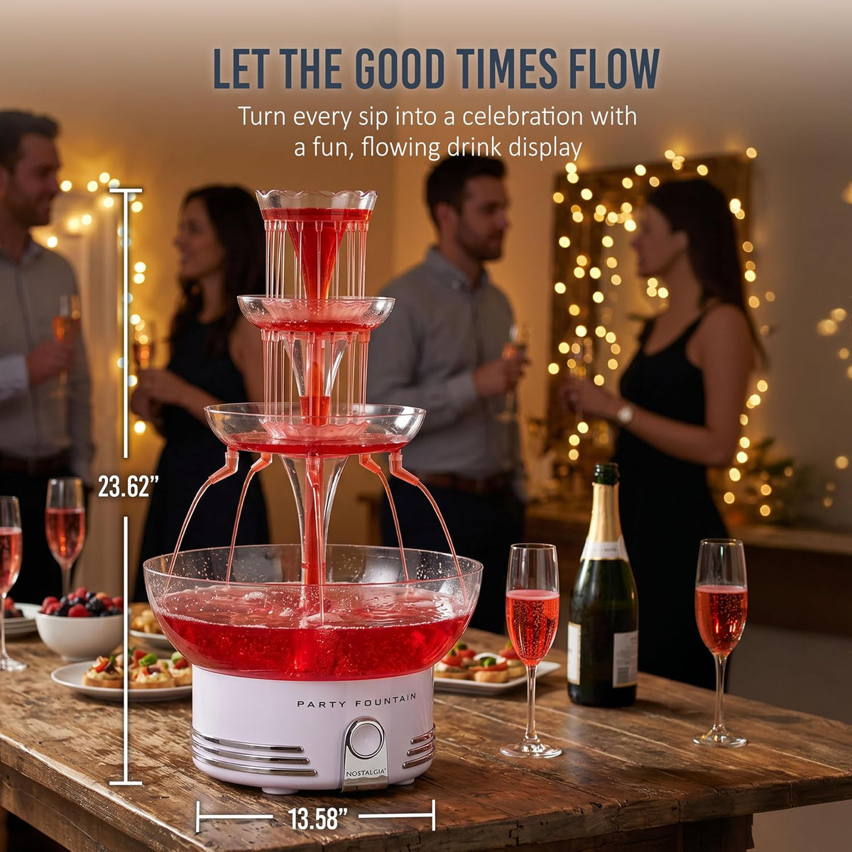 Nostalgia Countertop Retro Lighted Party Beverage Fountain – 1.5 Gallon Capacity, 3-Tiered Cascading Tower with LED Base - Perfect for Punch, Juice, Wine, Champagne & More