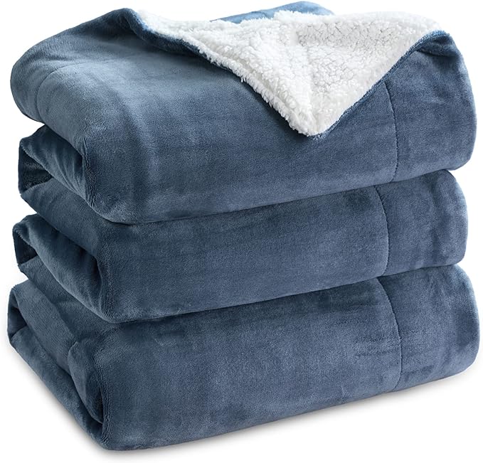 Bedsure Sherpa Fleece Blankets Queen Size for Bed - Thick and Warm, Soft Fuzzy Plush Queen Blanket for Winter, Slate Blue, 90x90 Inches