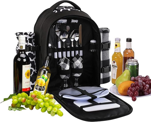 apollo walker Picnic Backpack Bag for 2 Person with Cooler Compartment, Detachable BottleWine Holder, Fleece Blanket, Plates and Cutlery Set (2 Person, Black)