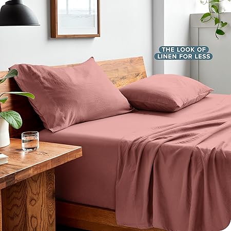 Bare Home Ultra Soft Washed Microfiber 4 Piece Sheet Set, Linen-Like Look, Easy Care, Hypoallergenic, Deep Pocket up to 15, 1 Fitted Sheet, 1 Flat Sheet, 2 Std. Pillowcases (Queen, Dusty Rose)