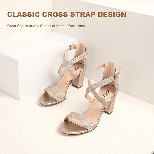 IDIFU Women's IN3 Grace Strappy Block Heels Sandals Comfy Open Toe Chunky Dress Wedding Shoes with Adjustable Cross Strap