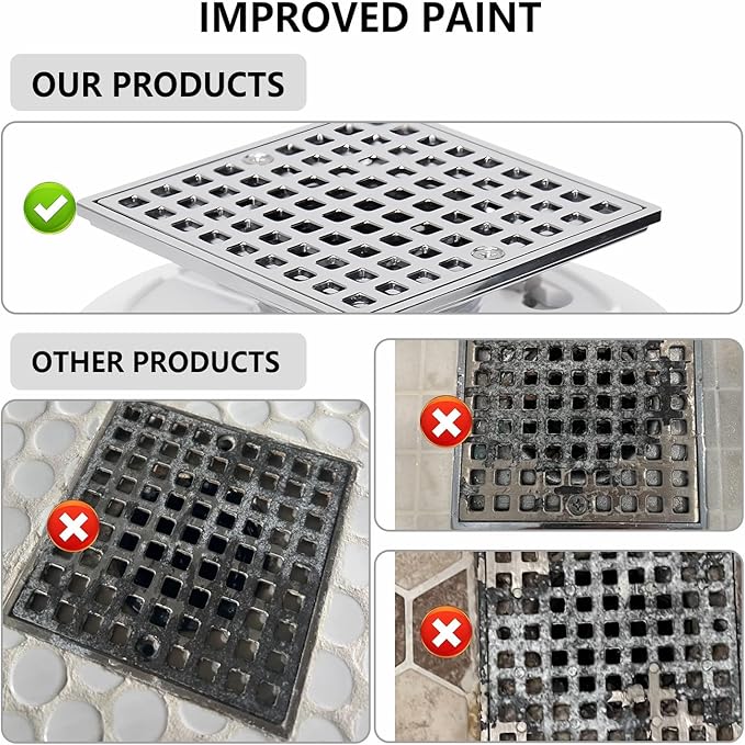 Chrome 4 Inch Square Shower Drain with PVC Flange for 2 or 3 Inch Pipe - Low Profile 304 SS Shower Floor Drain Kit with Hair CarcherCUPC - Strainer for Bathroom,Laundry Room