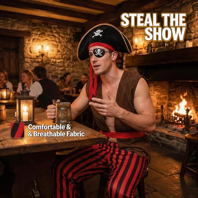 Mens Pirate Costume Adult Outfit Pirate Pants Headpiece Accessories Man Medieval Renaissance Themed Cosplay( doesn't come with Top )