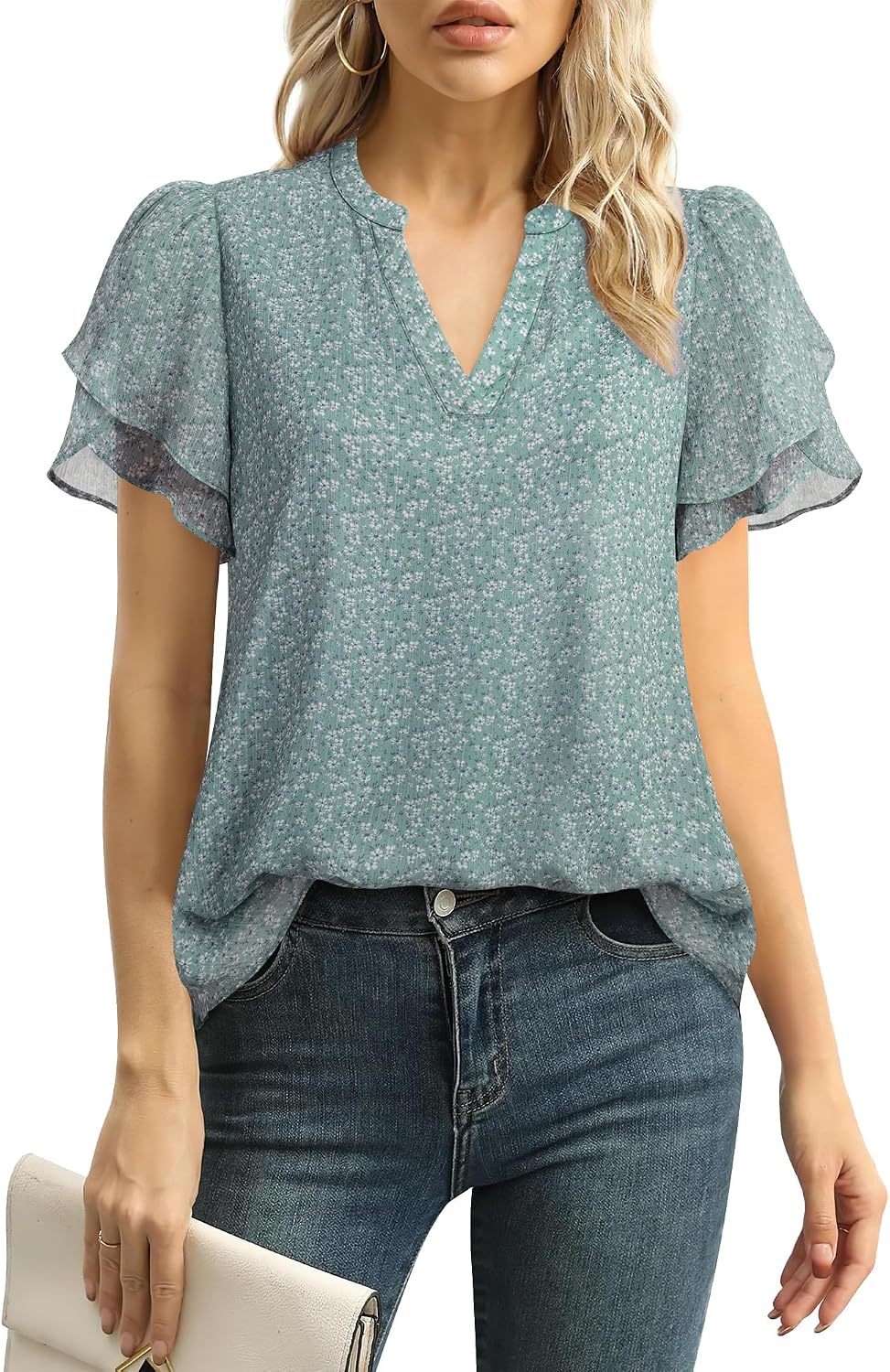 Lotusmile Womens Dressy Chiffon Blouses Summer Puff Petal Short Sleeve Shirts V Neck Casual Work Tops