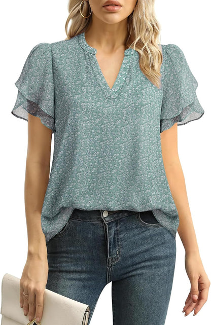 Lotusmile Womens Dressy Chiffon Blouses Summer Puff Petal Short Sleeve Shirts V Neck Casual Work Tops
