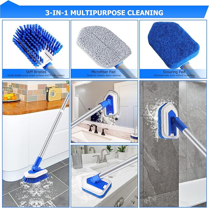 Lalafancy Shower Cleaning Brush with Locking Head, 3 in 1 Tub Tile Scrubber Brush with 50'' Extendable Long Handle Stiff Bristles Scouring Pads Microfiber for Cleaning Bathtub Shower Wall Bathroom