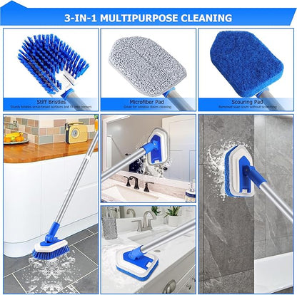 Lalafancy Shower Cleaning Brush with Locking Head, 3 in 1 Tub Tile Scrubber Brush with 50'' Extendable Long Handle Stiff Bristles Scouring Pads Microfiber for Cleaning Bathtub Shower Wall Bathroom