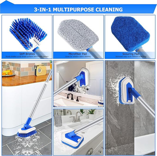 Lalafancy Shower Cleaning Brush with Locking Head, 3 in 1 Tub Tile Scrubber Brush with 50'' Extendable Long Handle Stiff Bristles Scouring Pads Microfiber for Cleaning Bathtub Shower Wall Bathroom
