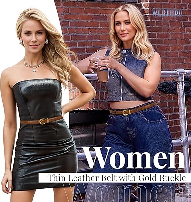 WERFORU Women Leather Belt for Jeans Pants Thin Belts for Women Fashion Waist Belt with Gold Buckle
