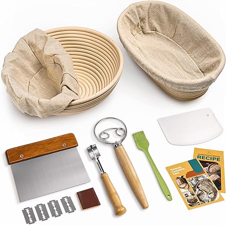 RORECAY Bread Banneton Proofing Basket Set, 9 Inch Round  10 Inch Oval Cane Sourdough Baskets with Dough Whisk Bread Lame Dough Scraper Bowl Scraper Silicone Brush Sourdough Bread Baking Supplies