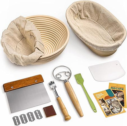 RORECAY Bread Banneton Proofing Basket Set, 9 Inch Round  10 Inch Oval Cane Sourdough Baskets with Dough Whisk Bread Lame Dough Scraper Bowl Scraper Silicone Brush Sourdough Bread Baking Supplies