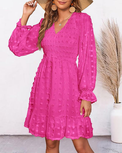 BTFBM Womens Dresses Casual V Neck Long Sleeve Swiss Dot Ruffle Chiffon Flowy Smocked Mini Summer Fall Dresses 2025