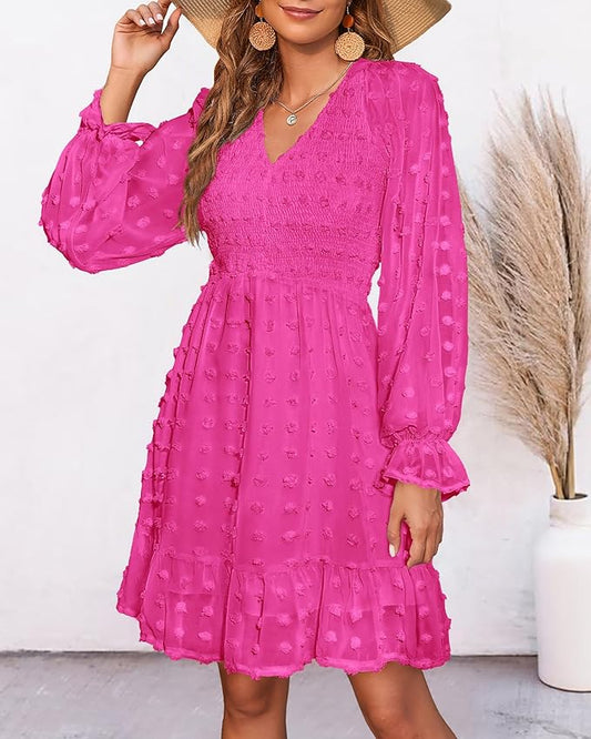 BTFBM Womens Dresses Casual V Neck Long Sleeve Swiss Dot Ruffle Chiffon Flowy Smocked Mini Summer Fall Dresses 2025