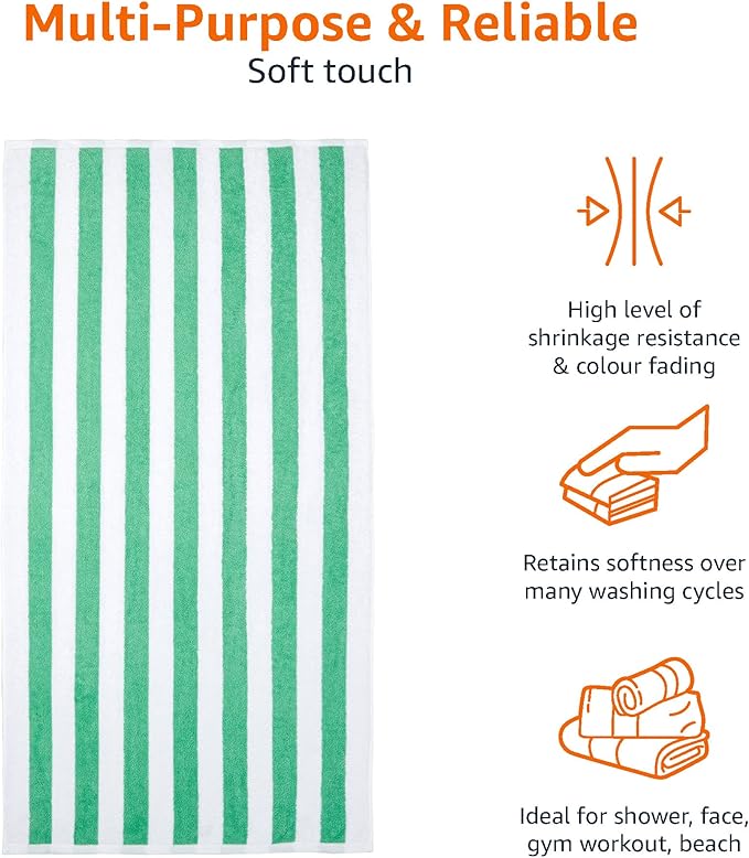 Basics 100% Cotton Terry Cabana Stripe Pool & Beach Towel, Soft & Absorbent, Quick Drying, Large, 2-Pack, Green, 30" x 60"
