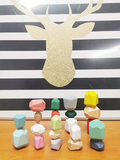 Wooden Stacking Toys Stone Stacking Game Colored Wooden Stones Rock Blocks Wooden Balancing Blocks Educational Stacking Building Toys for Kids Ages 3-5 (14PCS)