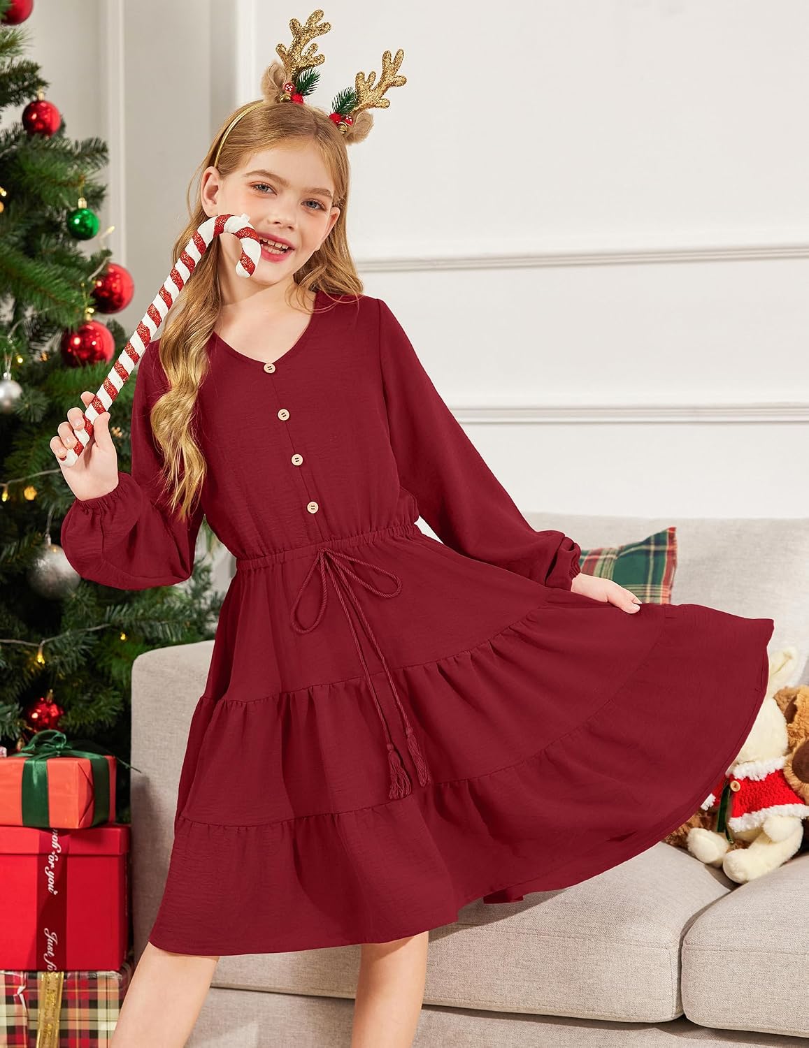 Arshiner Tween Girls Dresses Fall Long Sleeve V Neck Waist Tie Ruffle Tiered Swing Skater Dress