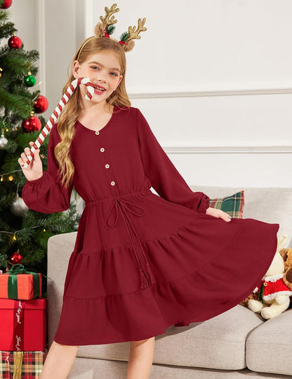 Arshiner Tween Girls Dresses Fall Long Sleeve V Neck Waist Tie Ruffle Tiered Swing Skater Dress