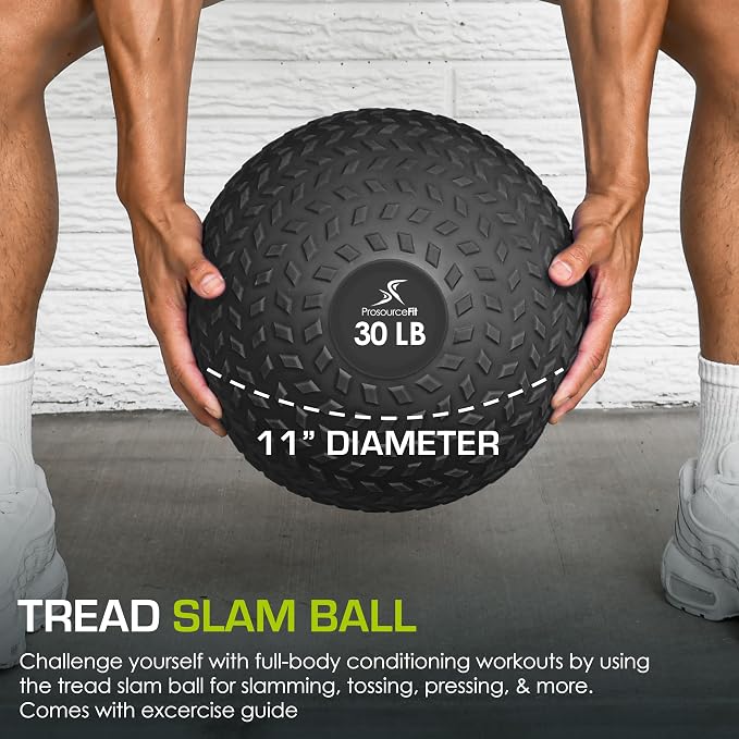 ProsourceFit Slam Medicine Ball, 30 lbs Smooth and Tread Textured Grip Dead Weight Balls for Strength and Conditioning Exercises, Cardio and Core Workouts