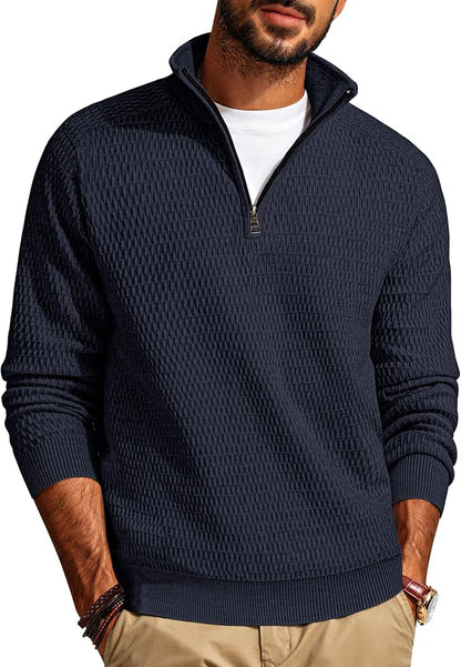 PJ PAUL JONES Mens Quarter Zip Textured Dress Sweaters | Raglan Long Sleeve, Ribbed Mock Neck Collar, Half Zip Pullover, Slim Fit, Formal Style, Fall Winter Wear, Suéter Para Hombre