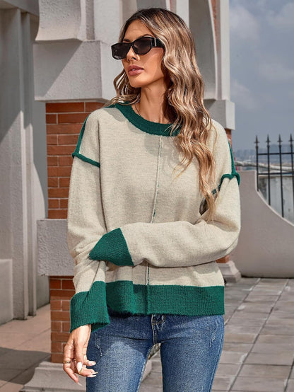 SunnyMelody Womens Oversized Cute Color Block Crew Neck Sweater 2025 Winter Long Sleeve Trendy Ribbed Knit Pullover Sweaters