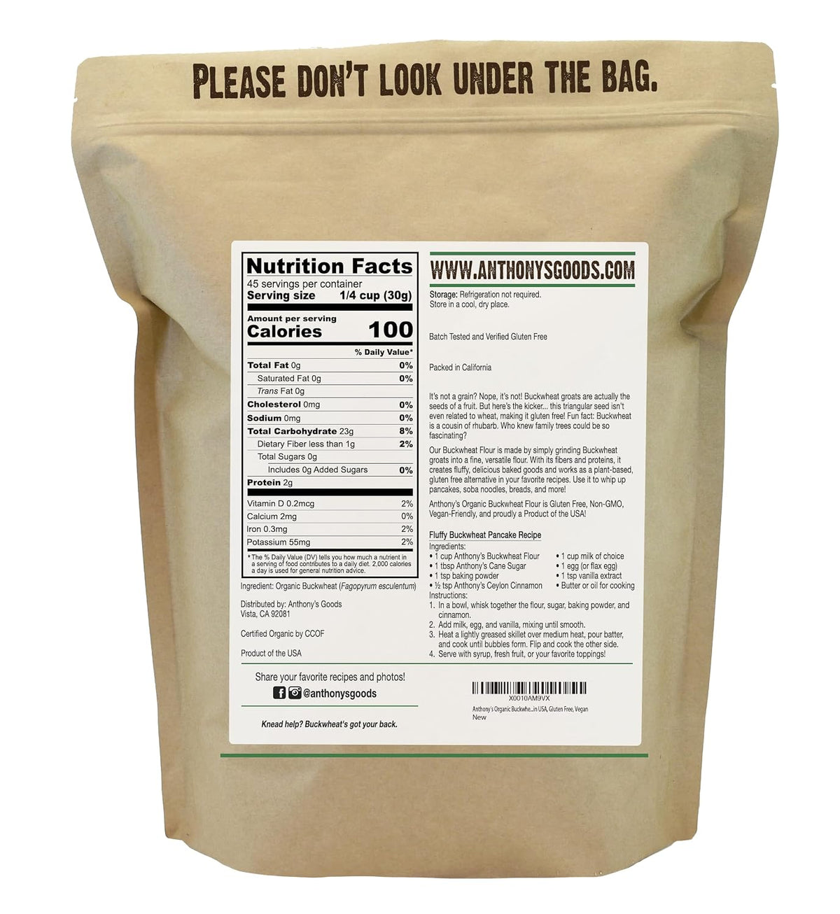 Anthony's Organic Buckwheat Flour, 3 lb, Grown in the USA, Gluten Free, Vegan