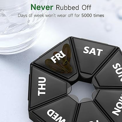 Gelibo,Weekly Pill Organizer, 2 Pack Portable Travel Pill Box Dispenser Medicine case 6 Colors (Seven Day) New Edition for VitaminFish OilPillsSupplements-Arthritis Friendly (Black)