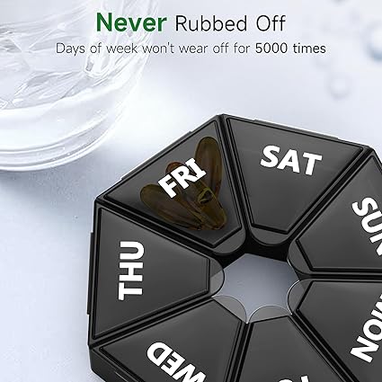 Gelibo,Weekly Pill Organizer, 2 Pack Portable Travel Pill Box Dispenser Medicine case 6 Colors (Seven Day) New Edition for VitaminFish OilPillsSupplements-Arthritis Friendly (Black)