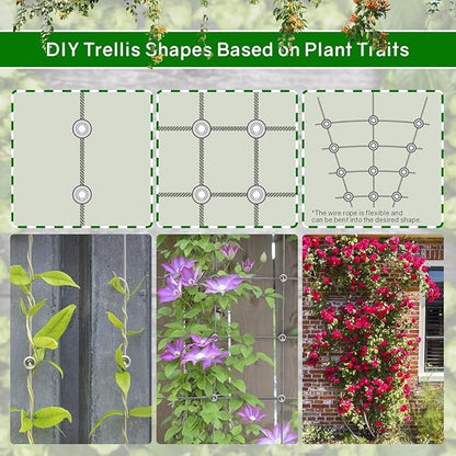 NEREUS Wire Trellis 20 Pack T316 Stainless Steel Hubs with 98FT 18" Wire Rope, Cable Trellis System for Climbing Plants, Tensioned Wire Trellis Kits for Brick Wall