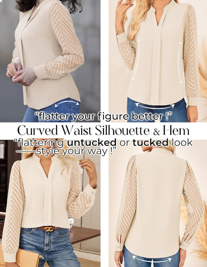 GRACE KARIN Women Business Casual Tops Sheer Lace Long Sleeve Blouses Work Office Pleated V Neck Shirt Fall Formal Outfits