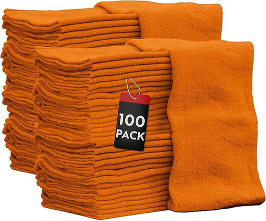 Nabob Wipers Auto Mechanic Shop Towels 100 Pack Bulk Rags 100 Cotton Commercial Grade Shop Rags Size 14"x14" (100 Pack, Orange)