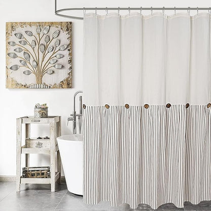 Farmhouse Shower Curtain,Beige and Brown Striped,Button Curtain,Spa Waffle and Cotton Woven Fabric,Rustic Charm Country Chic Style,72x72 in