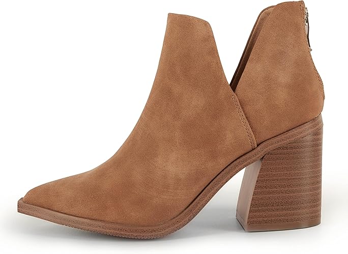 Kathemoi Womens Slip on Ankle Boots V Cutout Pointed Toe Chunky Stacked Mid Heel Booties