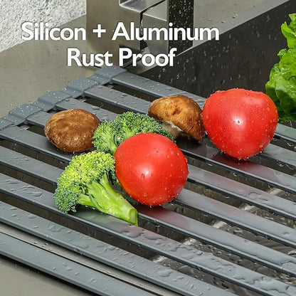 Large Rollable Dish Drying Rack,Over The Sink Drying Rack Sink Cover Kitchen Sink Accessories Kitchen Rolling up alluminum Drainer, Foldable,Rollable?Black 17.9''x13)