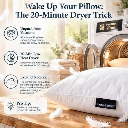basic home® Hotel-Style Goose Feather Pillow Insert for Sofa & Bed - 100% Odorless & Plump Cushion Filler - 233TC Cotton with Inner Liner to Prevent Poking (22x22 Inch)