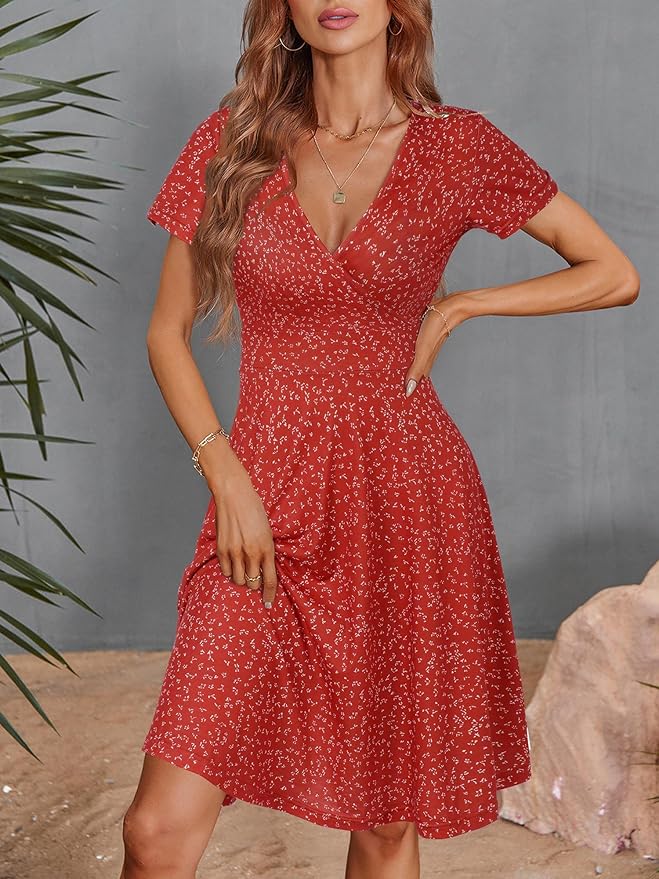 MSBASIC Womens Summer Wrap V Neck Casual Dresses Floral Short Sleeve A-Line Midi Sundress