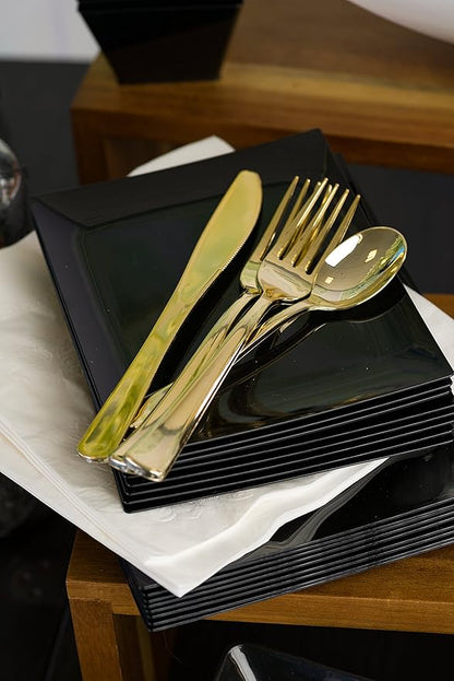 Plastic Cutlery Silverware Extra Heavyweight Disposable Flatware, Full Size Plastic Spoons Like Gold 24 Pack