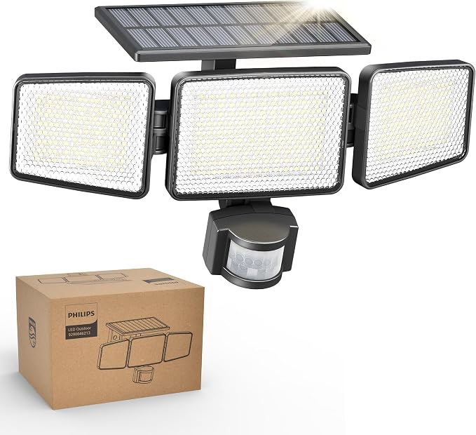 Solar Security Light Outdoor Light 302 LEDs 1200lm?Solar-Powered Waterproof Wall-Mounted Flood Light w/PIR Motion Sensor, 3 Heads, IP65 Waterproof, 3 Modes (1 Pack)