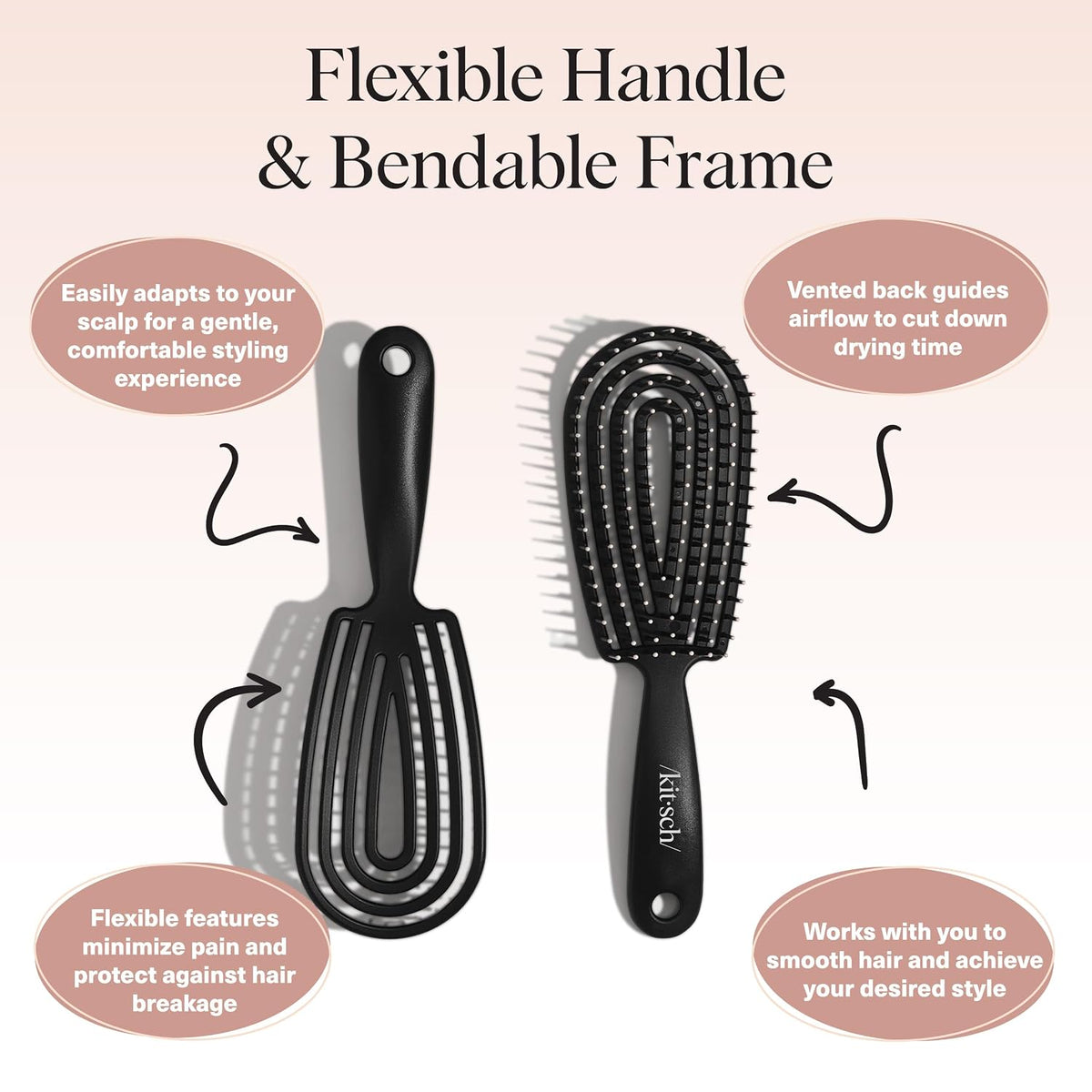Kitsch Hair Brush Detangler – Flexi Flow Hair Brush for Women, Men & Kids | Detangling Brushes for Curly Hair with Bendable Frame, Bounce Curl Defining Brush for Wet or Dry Strands - Black
