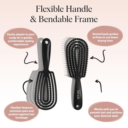Kitsch Hair Brush Detangler – Flexi Flow Hair Brush for Women, Men & Kids | Detangling Brushes for Curly Hair with Bendable Frame, Bounce Curl Defining Brush for Wet or Dry Strands - Black