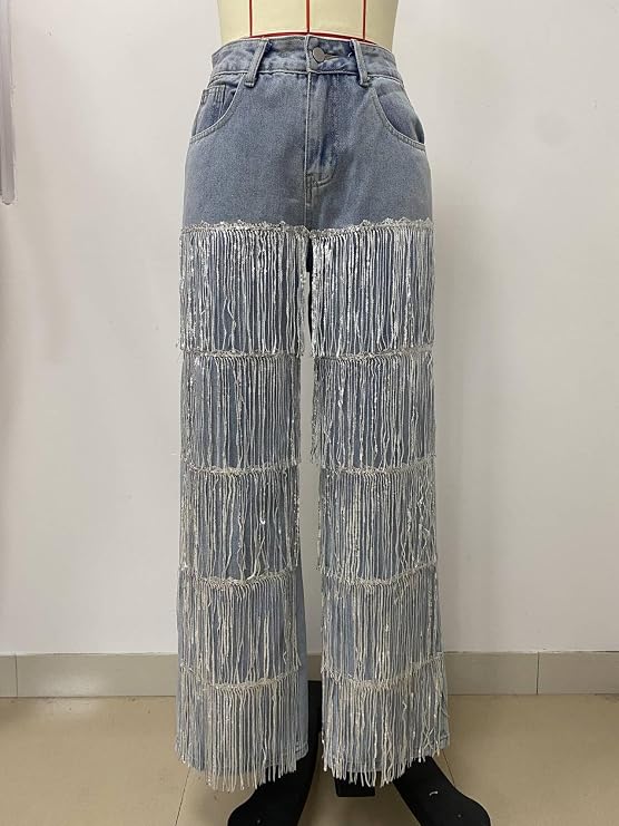 pnahip Women's High Waisted Sequin Fringe Jeans Baggy Straight Leg Sparkly Tassels Denim Pants Y2K Streetwear