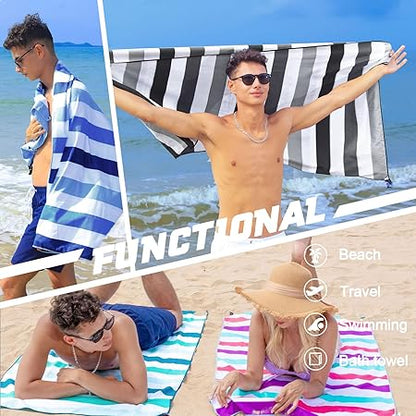Exclusivo Mezcla Large Microfiber Quick Dry Beach Towel, Lightweight Sand-Free Cabana Stripe Pool Travel Camping Towel with Bag (Purple, 30x60 Inches)