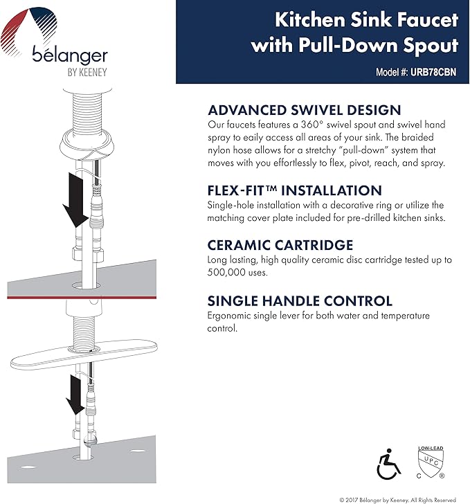 Plumb Pak URB78CBN Single Handle Pull Down Kitchen Faucet with Dual Spray Pattern and Pause Button, Brushed Nickel