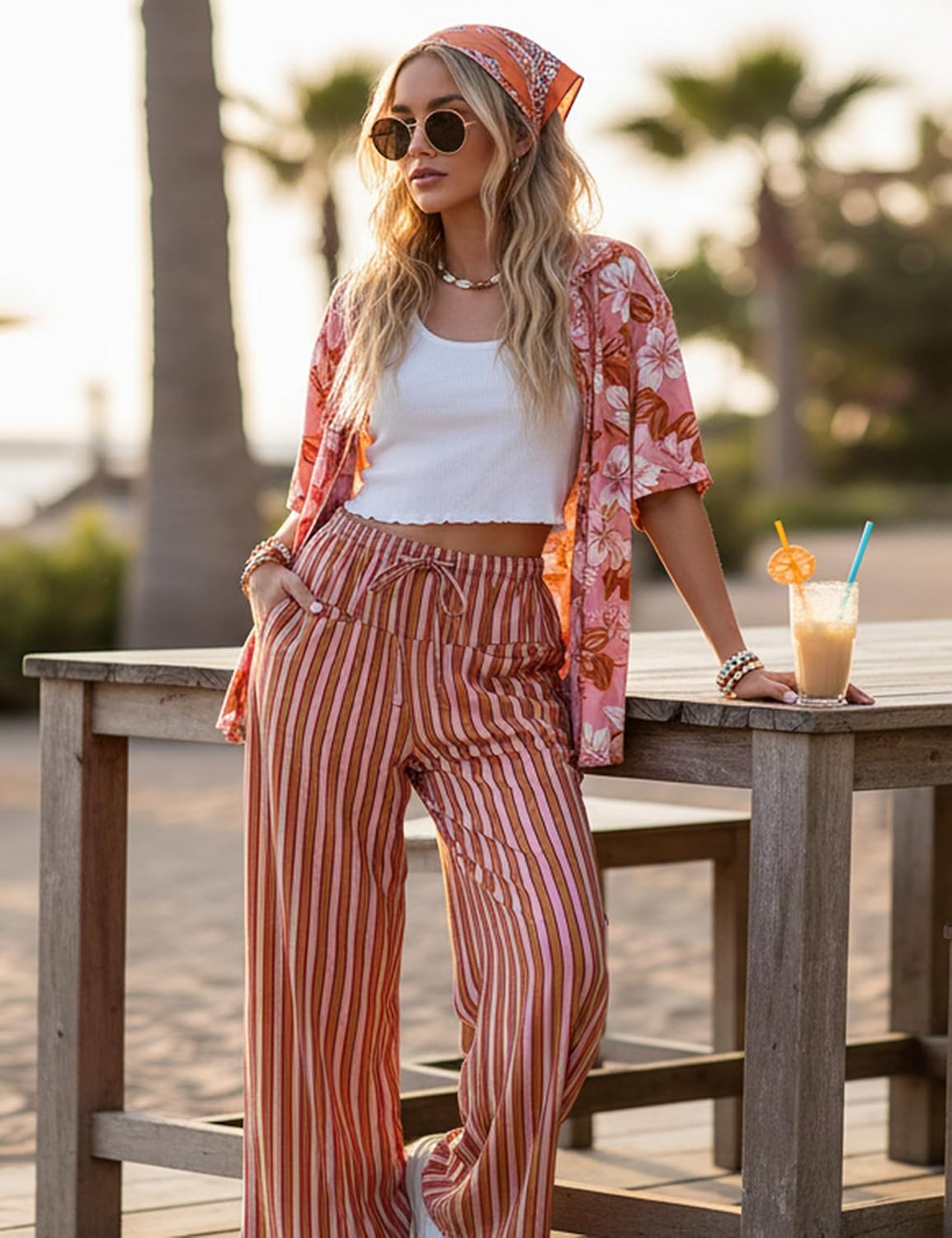 MISSACTIVER Women Drawstring Striped Pants Loose Wide Leg Trousers Casual Low Waist Pants Comfy Lounge Pants with Pockets.