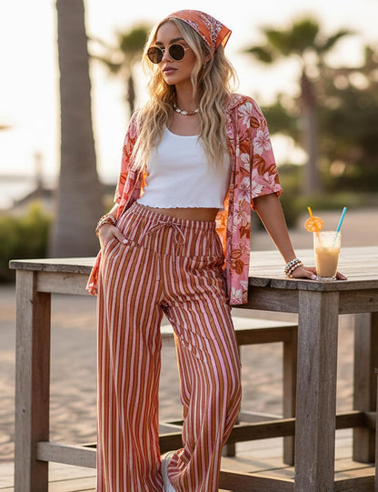 MISSACTIVER Women Drawstring Striped Pants Loose Wide Leg Trousers Casual Low Waist Pants Comfy Lounge Pants with Pockets.