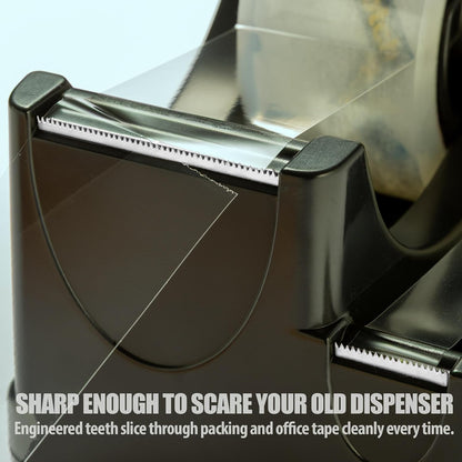 Officemate 2-in-1 Heavy Duty Tape Dispenser - Fits 1 Inch and 3-Inch Cores, Weighted 5.5 lb Base for Stability, Holds Packing and Standard Tape, Storage Compartment for Office Supplies, Black (Teeth on tape cutter is slightly bent)