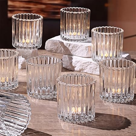 8pcs Large Clear Votive Candle Holders, 2.95"2.95" Ribbed Votive Candle Holder, Tealight Candle Holders for Votives, Floatings, Glass Candle Holder for Wedding, Table Centerpieces