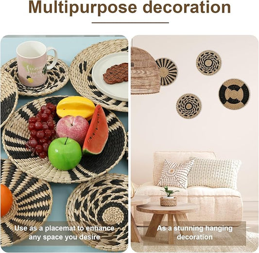 7 Pack Boho Wall Basket Decor, Hanging Woven Basket Wall Decor, Handmade Seagrass Rattan Wicker Wall Decoration, Round Rustic Bohemian Flat Seagrass Baskets for Home Living Room