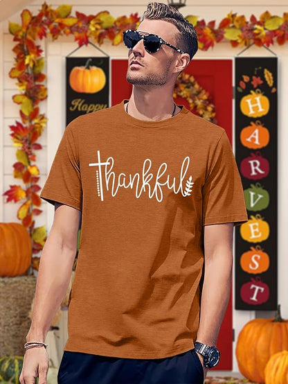 HQP Thanksgiving Shirts for Men: Thankful Grateful Blessed T Shirt Fall Pumpkin Graphic Tees Tops