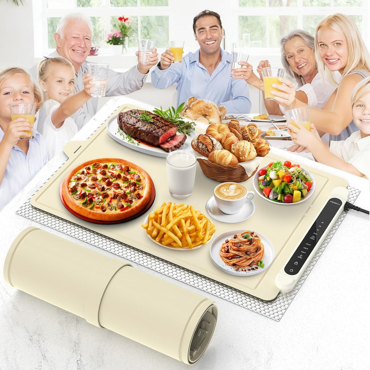 Food Warming Mat Electric Tray: Adjustable Silicone Heating Pad with 3 Temperature Settings 4 Timer Function Portable Roll Up Hot Plate for Buffets Party Gatherings Kitchen Warmer Countertop Holiday